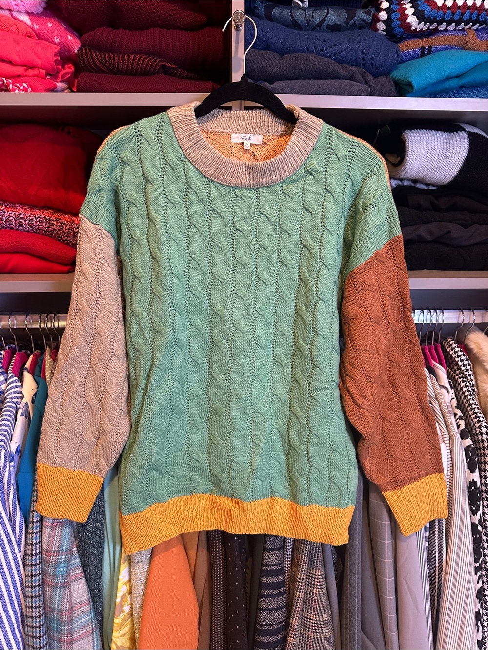 Easel brown/green colorblock long sleeve crew neck cable knit sweater size S NWT